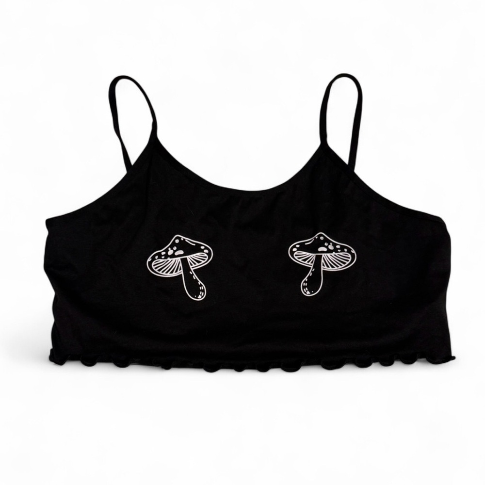Chic Black Crop Top with Mushroom Design